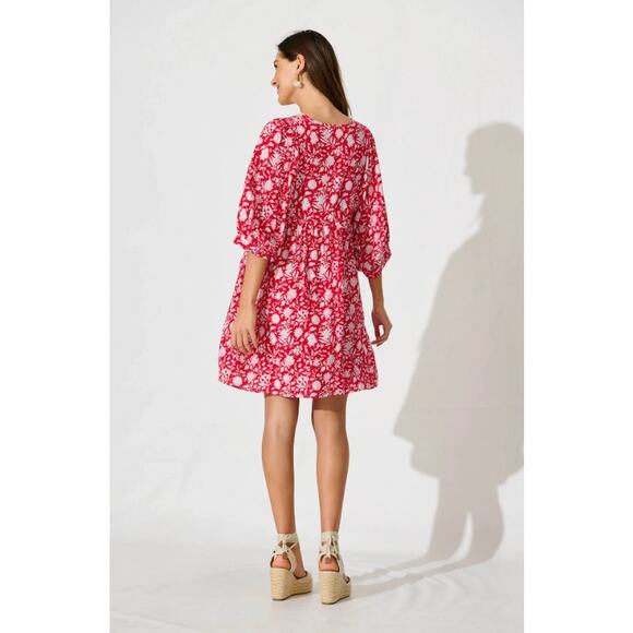Lightweight Women's Spring Morning Flower Boho Smock Mini Dress Sz XL Red White - Picture 3 of 8